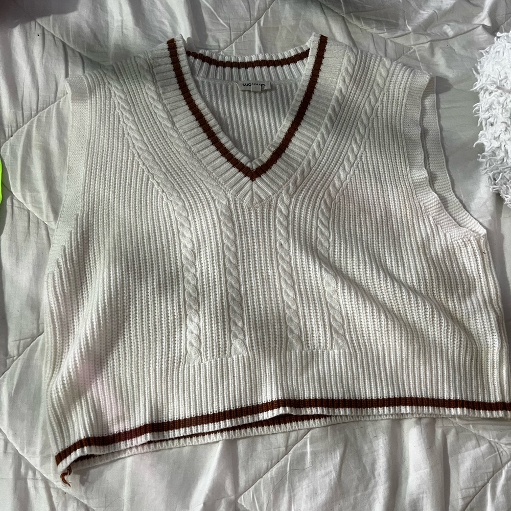 White and Brown Knit Sweater Vest